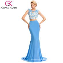 Grace Karin 2016 New Sexy Two Piece Set Sleeveless Backless Blue Long Evening Dress GK000049-1